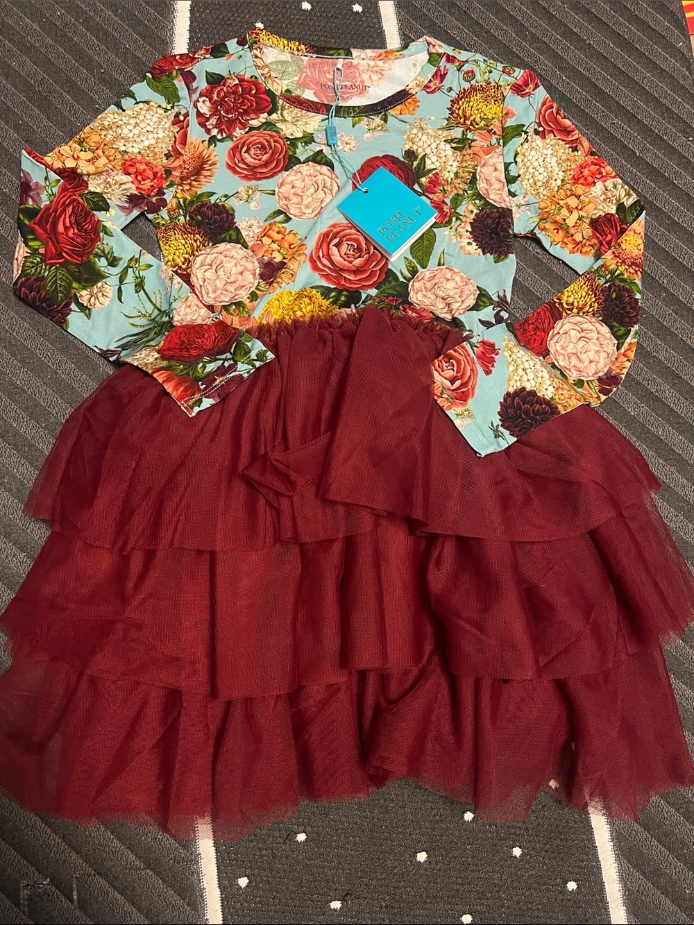 Posh Peanut Floral Aqua Top with Burgundy Tulle Skirt